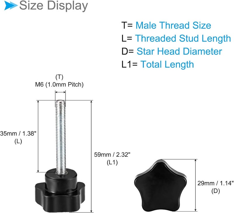 CoCud Star Clamping Knobs, M6 x 35mm Male Thread 29mm Head, Plastic Thumb Screw Grip Hand Knobs Threaded Bolt Black - (Applications: for Lathe Machinery), 2-Pieces - Image 2
